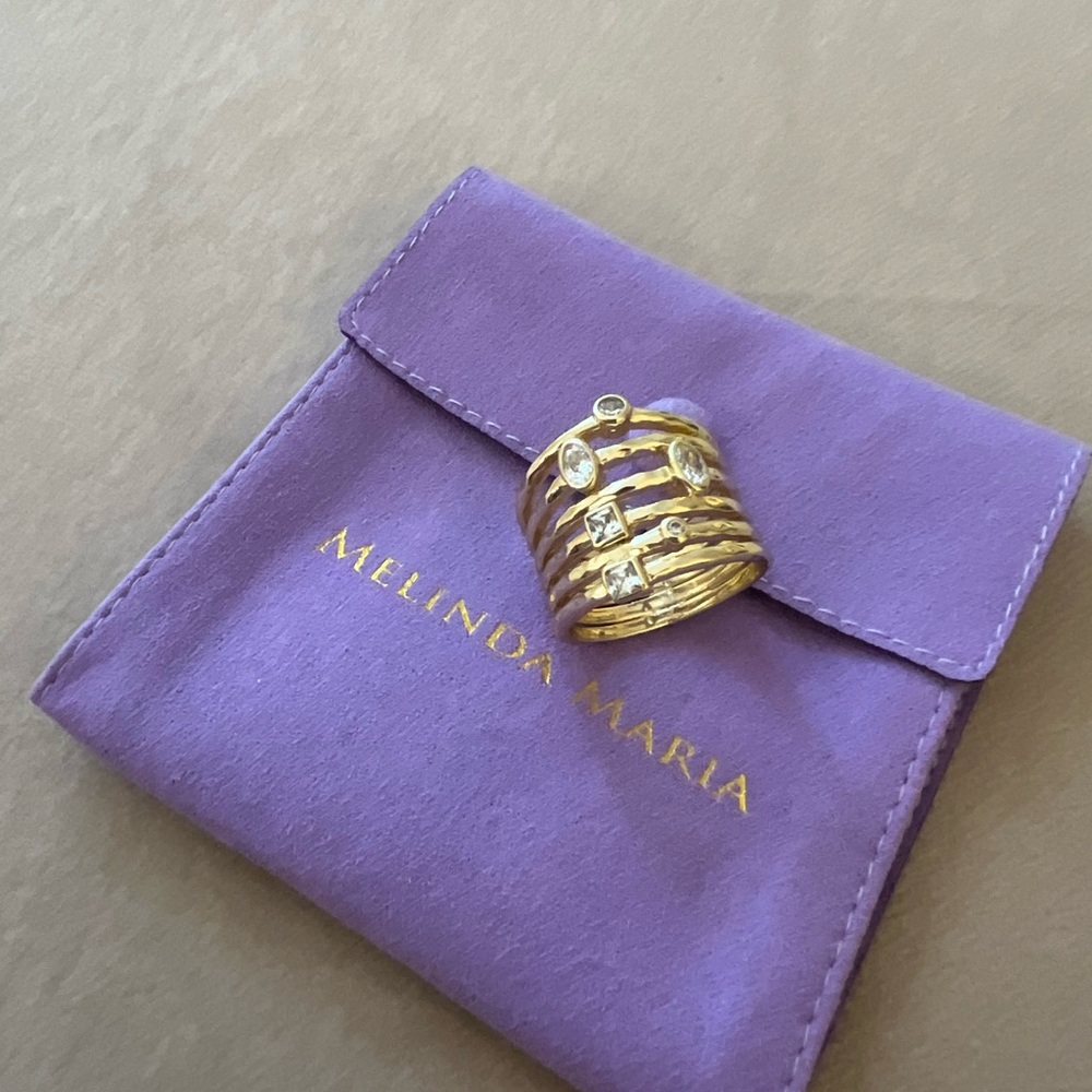 Melinda Maria Gold Ring with White Diamondette Stones 9 NWOT